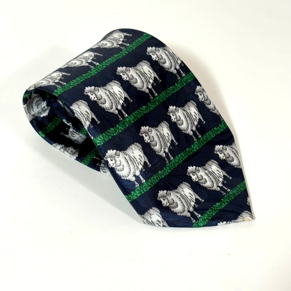 Sheep Neck Tie Silk Navy Blue Green Black White Wool Farm Animal Office